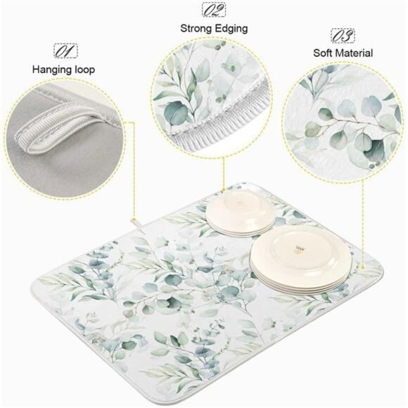 Green Leaves Dish Drying Mat for Kitchen Counter - Picture 4 of 8